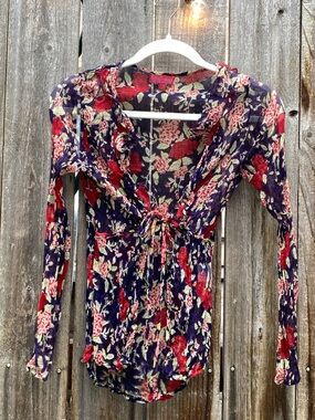 Floral Tie-Front Long Sleeve Top - Purple/Red
